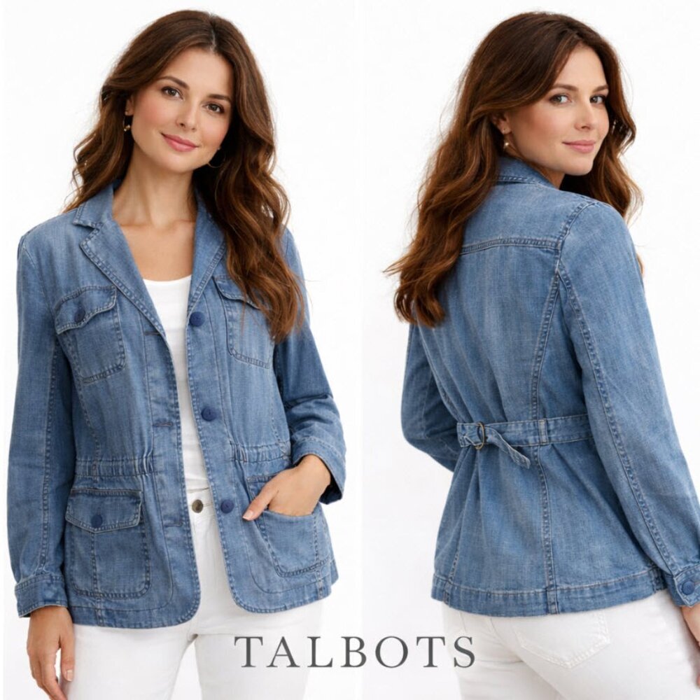 Talbots Light Blue Utility Denim Jacket Button Front Size medium